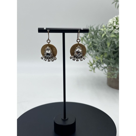 J. Crew Gold Tone Disc Teardrop Marquis Rhinestone Dangle Earrings - Picture 2 of 10